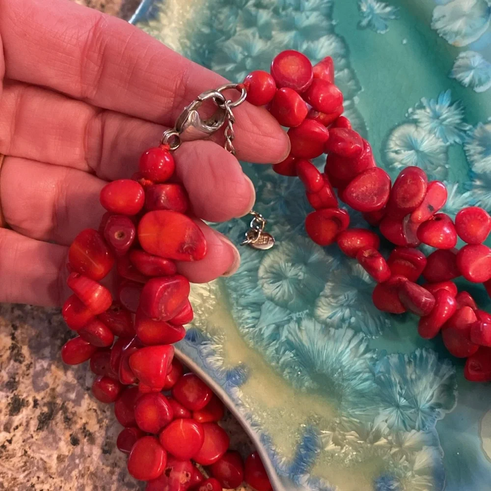Multi Strand Chunky Red Dyed Coral and Sterling Silver Necklace 925 LUC - Picture 6 of 11